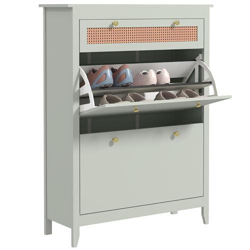 HOMCOM Schuhschrank mit 2 Klappen und Schublade, Schuhkipper Schuhregal mit Verstellbarer Ablage, Schuhkommode Schuhablage für 12 Paar Schuhe, 88 x 30 x 120 cm, Grün