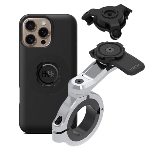 Image of Quad Lock Motorcycle Handlebar Phone Mount PRO Chrome - Large with Vibration Dampener and MAG Phone Case for iPhone 16 Pro Max