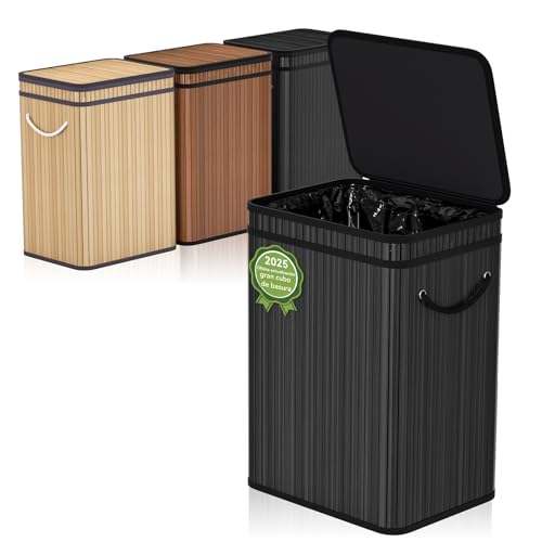 Cubo de basura grande de 80 litros/21 galones con tapa,Cubo de basura/cubo de basura para exteriores para el hogar, de bambú, para exteriores, hogar, oficina, baño y cocina, 40 x 30 x 60 cm (negro)