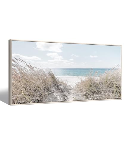 Beach Canvas Framed Wall Art: Large Coastal Seascape Picture Decor Ocean Scene Sea Print Painting Modern Seaside Seashore Grass Artwork for Bedroom Living Room Office