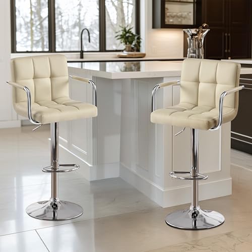Image of Yaheetech Bar Stools Set of 4, Swivel with Backs, Adjustable Height, Khaki
