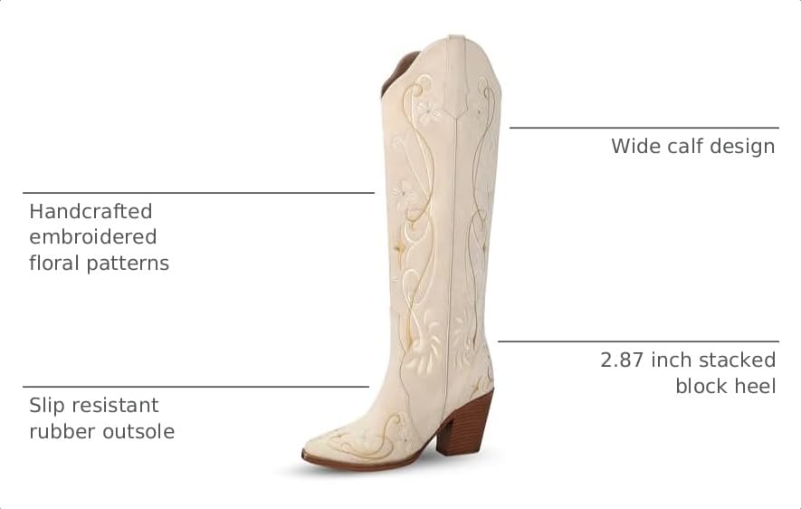 Image of Beige Cowboy Boots for Women, Knee High Cowgirl Boots with Pointed Toe, Chunky Heel, Floral Embroidery Western Boots Suede Tall Boots Size 8.5