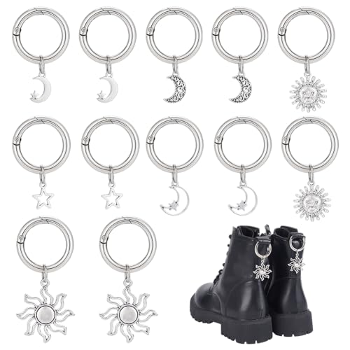 PH PandaHall 12 dijes decorativos para zapatos, 6 estilos, sol, luna, estrella, para botas, gótico, punk, estilo vintage, dijes de aleación para tenis, sandalias, hombres y mujeres, accesorios de