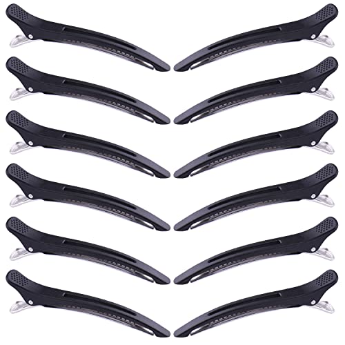 GLAMFIELDS Professional Hair Clips, 12 Pack Duckbill Hair Clips for Women Styling and Sectioning, No-Trace Non Slip Hair Clips with Silicone Band, Salon and Home Hair Cutting Styling Accessories Black