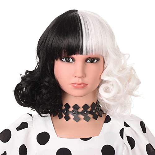 AMZCOS Black and White Wig for 3+ Years Kids Cosplay Costume Short Wavy Bob Synthetic Wigs with Bangs for Boys Girls Halloween Party (Black and Blonde)