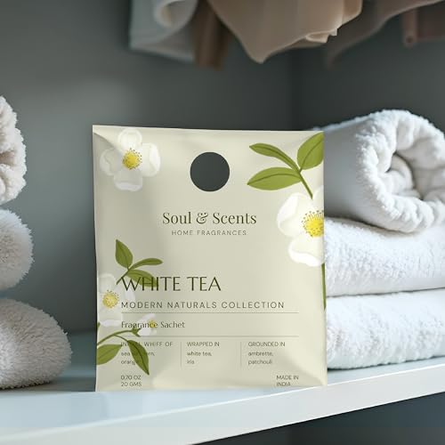 Image of Soul & Scents White Tea Fragrance Sachet | Refreshing Aroma of White Florals & Sea Breeze | Long-Lasting Air Freshener for Car, Wardrobe, Kitchen, and Travel Bag | Pack of 3-20gm Each