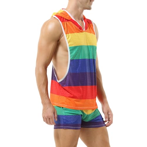 Bauzuoyo Pride Parade Outfit Herren Ärmellose Hoodie Tank Top Mesh Atmungsaktiv Regenbogen Streifen Shirt Gay Love Hoody Gay CSD Party Shirt LGBTQ Kleidung Pride Month Trägershirt Sportweste