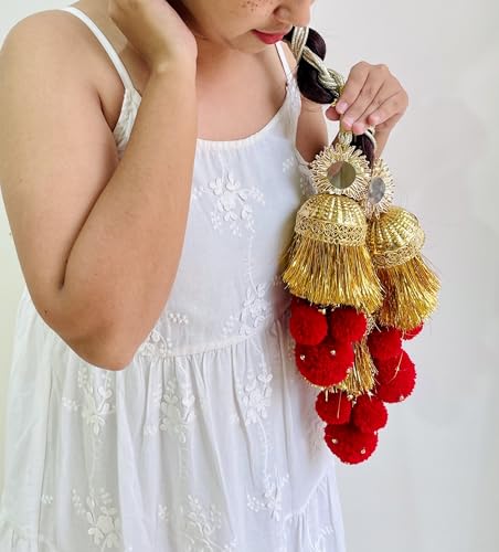 Image of Zippy Flora Heer Parandi (Golden) | Handmade Boho Traditional Hair Accessory with Braid Tassels & Ghoonghru | Women's Ethnic Hair Extension for Choti, Braids, Bridal & Festive Hairstyles