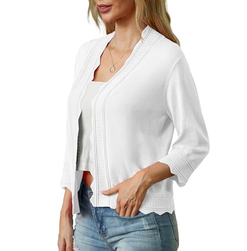 GRECERELLE Womens Summer Cardigan Button Down Long Sleeve Ladies Lightweight Soft Casual Shrugs Scalloped Edges Cardigans Summer Evening, Wedding (White, M) - Image 4