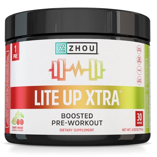 ZHOU Lite Up Xtra - Sugar Free Pre Workout Powder for Women & Men, Preworkout Supplement with Caffeine for Clean Energy, Amino Acid Support, Hydrate & Focus, Plant Based - Cherry Limeade, 16 oz Jar