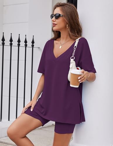 Image of Ekouaer Womens Pajamas 2 Piece Lounge Sets Oversized V Neck T-Shirts Tops Biker Shorts Set Workout Reversible Tracksuit S-XXL