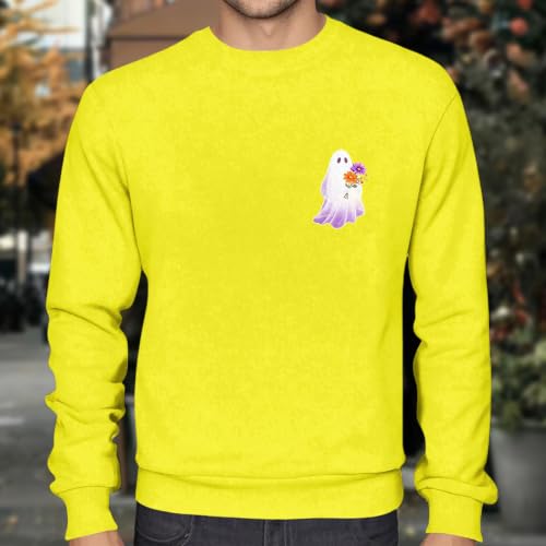 Mens Halloween Ghost Graphic Casual Lightweight Crewneck Sweatshirt Yellow - image 2