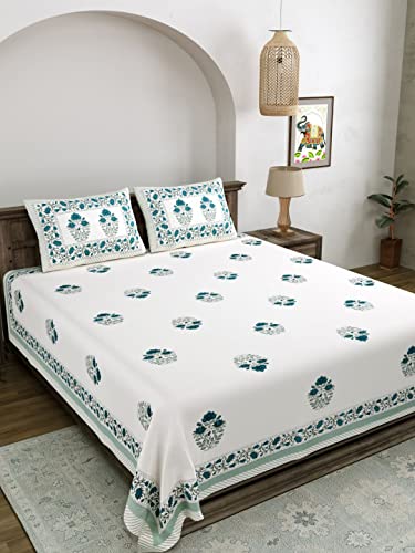 Image of LIVING ROOTS Jaipuri Hand Block Print Queen Cotton Bedsheet 86 * 96 Inches (7.1 * 8 Feet) with 2 Pillow Cover | 140 TC | Rich Fast Colour with No Colour Bleeding (202-A)