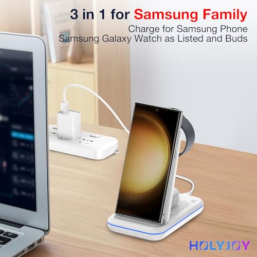 Image of Wireless Charger for Samsung /Android, HOLYJOY Foldable 3 in 1 Fast Charging Station /Stand /Multi Charger for Samsung S25 Ultra /S24 /Note 20,Travel Pad for Galaxy Watch 8 /7 /6 /5 /4 /Active 2,For Buds(Ivory)