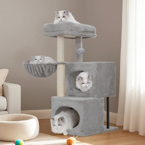 Heybly Árbol Rascador para Gatos, 92 cm con Diseño Escalonado, Plataforma Grande, 2 Cuevas, Postes de Rascar con Cobertura Total de Sisal, Juguete de Peluche con Campana, Gris Claro HCT201SW