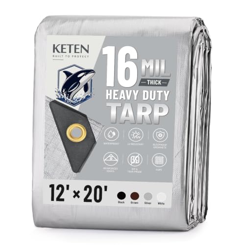 Keten Tarps Heavy Duty Waterproof 12x20 Feet Extra Thick 16 Mil (Silver)