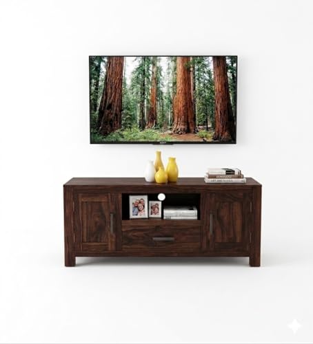 Image of Sheesham Wood Entertainment TV Unit Cabinet with Drawer and Shelf Storage for Home Living Room Solid Wooden Furniture for Hall & Office Decor - (Walnut Finish)