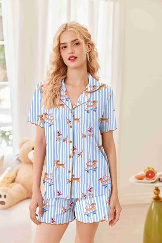 Image of Ekouaer Button Up Pajamas Set for Women Short Sleeve Ribbed Knit Sleepwear 2 Piece Pjs Shorts Set