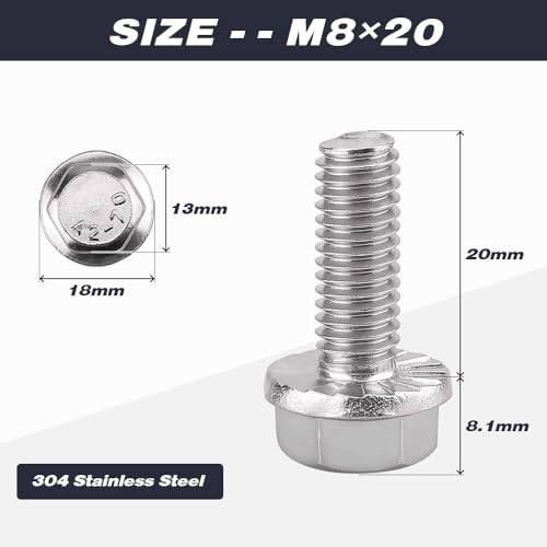 Image of M8-1.25 x 20mm (12 pcs) Flanged Hex Bolts, 304 Stainless Steel 18 /8, Large Washer Head Automotive Screws for Car Parts & Machinery Replacement