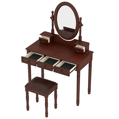 Image of JIVOIT Vintage Vanity Makeup Table and Cushioned Stool Set, Vanity Desk with Adjustable Angle Mirror, Velvet Fabric Lining 5 Drawers, Wooden Dressing Table Set for Bedroom (Walnut / /81)