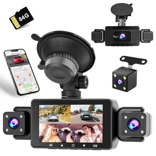 Dashcam Voiture 4 Canaux Avant et Arrière 1080P WiFi avec Carte SD 64 Go et écran IPS 3 Pouces