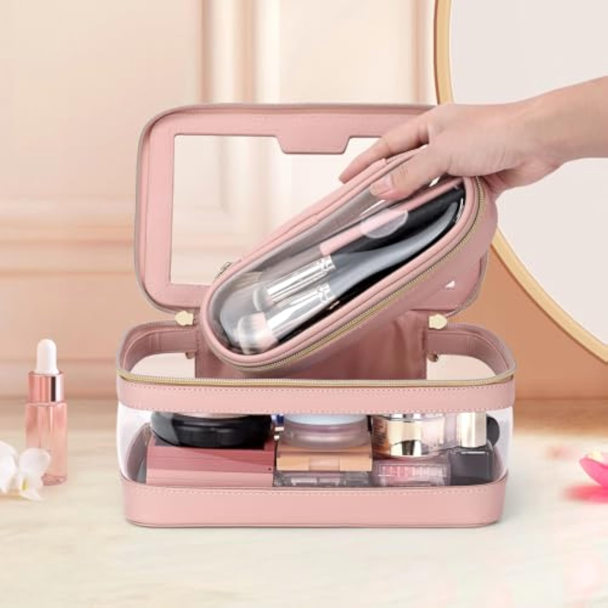 Travel Clear Makeup Bag with Brush Holder, Leather Case