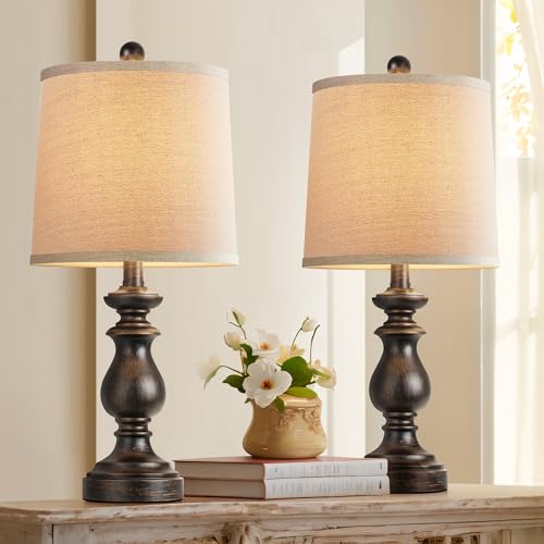 Image of PARTPHONER Traditional Table Lamp Set of 2, Rustic Farmhouse Table Lamps for Living Room Bedroom, 22 inch Bedside Desk Lamps Vintage Nightstand Lamps with Linen Shades, Oil Rubbed Bronze