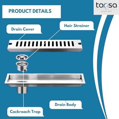 Image of Tapsa Wave Floor Drain Channel Chrome| 304 Stainless Steel | Invisible Shower Drain Channel | 12 x 4 Inches | Waste Water Floor Drain for 30x10 mm Tile | Drainer Channel | Anti Cockroach Trap | Silver