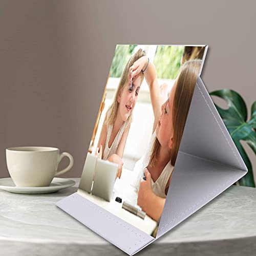 Image of Glass Folding Round Compact Mirror - PU Leather Vanity Mirror With Stand for Desk, Table, Camping, Travel - Tabletop Princess Square Makeup Mirror