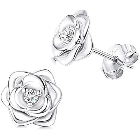 Sllaiss Rose Earrings Sets with Austrian Zirconia 925 Sterling Silver Stud Earrings for Women AAAAA Cubic Zirconia Stud Earrings Flower Earrings White Gold Plated Cover