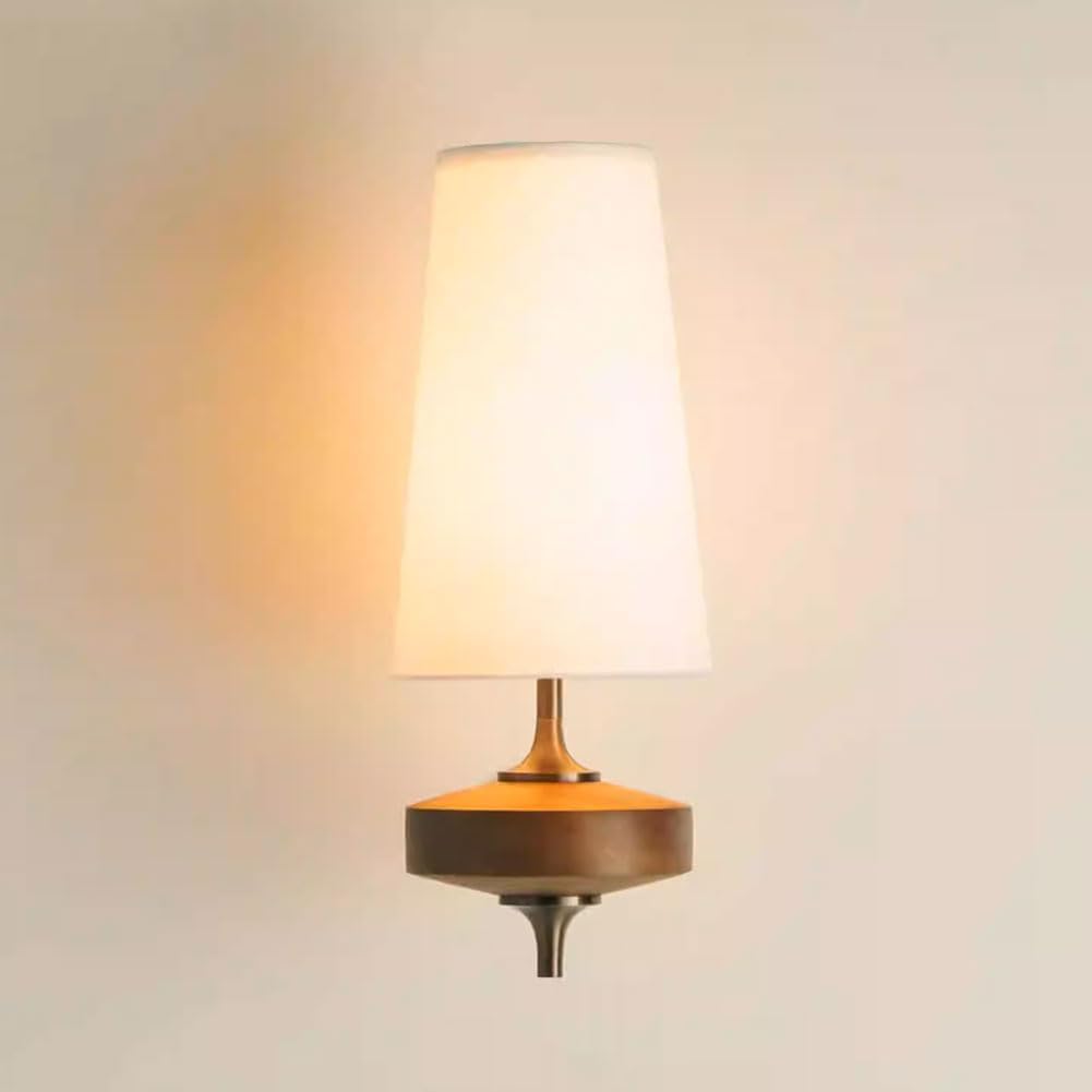 LOGT Tapered Fabric Shade Wall Sconce, Mid-Century Style, Wood and Brass Wall Lamp, Retro Industrial Style, Bedroom Lamp, Wall Lighting for Sofa, Entryway, and Hallway,White