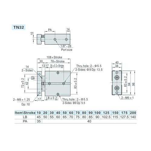 Cilindro neumático tipo TN25/TN20 con doble varilla de aluminio y carrera de 10mm 5