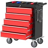 Granper 5 Drawers Rolling Tool Chest, Large Capacity Metal Tool Box with Wheels and Drawers, Tool Storage Cabinet with Keyed Locking, Tool Organizer Box for Garage, Workshop, Warehouse (Black Red)