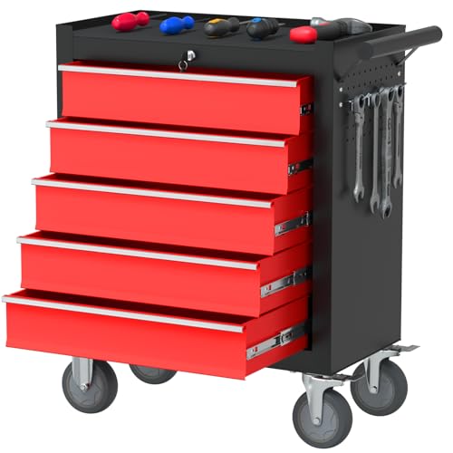 Granper 5 Drawers Rolling Tool Chest, Large Capacity Metal Tool Box with Wheels and Drawers, Tool Storage Cabinet with Keyed Locking, Tool Organizer Box for Garage, Workshop, Warehouse (Black Red)