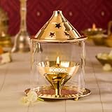 Borosil Medium Size Akhand Diya Decorative Brass Glass Oil Lamp | Tea Light Holder | Diya with Borosilicate Glass | Puja Dia for Mandir | Lantern Diya with Glass Cover