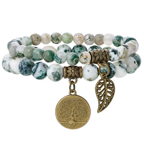 Farfume Chakra Bracelets pour femmes - Bracelet de cristaux pour femmes pierres naturelles Yoga Reiki- Un ensemble de bracelets doubles(Tree Agate &...