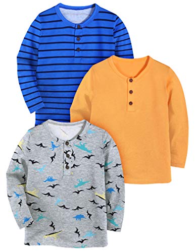 Boyoo Toddler Boys 3 Pack Long Sleeve Henley Shirt Cotton Graphic Tee Shirt for 2-7Years (Orange,Blue Stripe,Grey Print111, 2T)