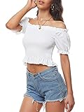 LYANER Women's Off Shoulder Shirred Short Sleeve Crop Blouse Tee Top White Medium