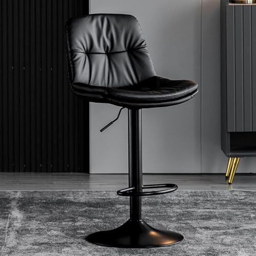 Image of Creative Black Adjustable Bar Stool Chair | PU Leather Cushion Seat with Backrest | Hydraulic Gas Lift | Metal Base with Footrest | Kitchen Counter, Bar, Cafe, Home Furniture | Pack of 1