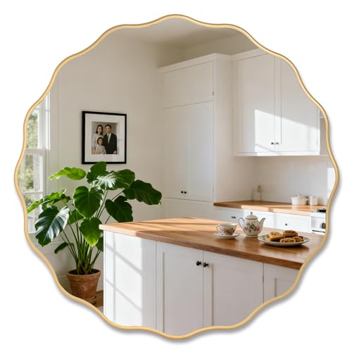 Image of Gold Round Wavy 26 inch Scalloped Farmhouse Nursery Wall Decor Mirror