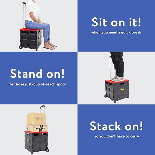 Image of dbest products Quik Cart Collapsible Rolling Crate on Wheels for Teachers Tote Basket 80 lbs Capacity, Made from Heavy Duty Plastic and used as a Seat, Standard, Red