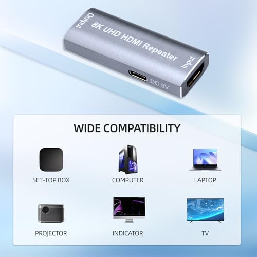 Image of HDMI Repeater 8K, HDMI Signal Booster Extends Up to 82ft (25M), Supports 8K@60Hz, 4K@120Hz, Dolby TrueHD, DTS-HD, 12-Bit Deep Color for PS5, Xbox, TV, Monitor, Projector