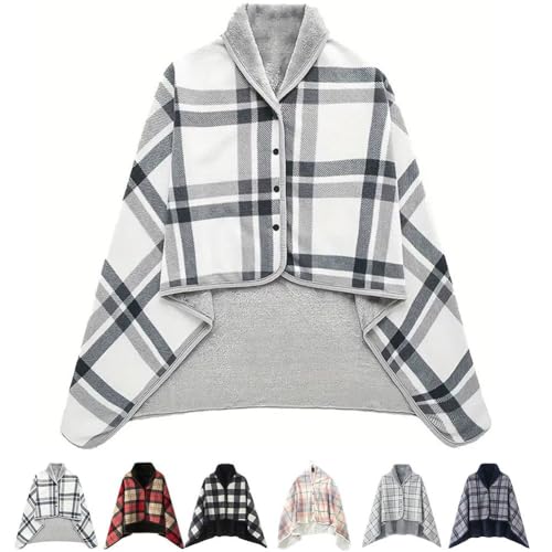 Coperta in pile portatile, sciarpa calda, copriletto a doppio strato, sciarpa a quadri, per l'inverno, poncho in flanella con bottoni, Grigio/Bianco, Taglia unica