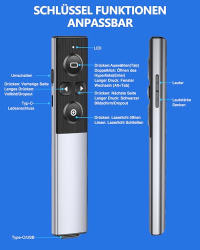 Presenter Kabellos, 2 in 1 USB und Typ-C-Empfänger Pointer für Präsentationen, Wiederaufladbare 2.4 GHz Presentation Clicker mit Fensterumschaltung/Hyperlink für Windows/Linux/Android/PowerPoint