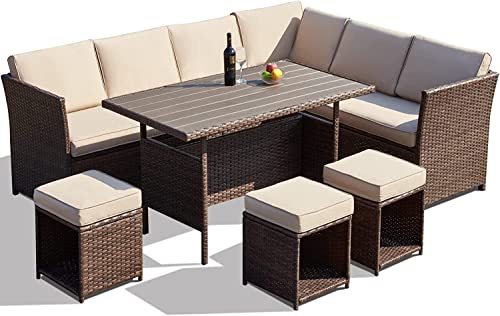 Image of DEVOKO 6 PCS L-Shape Wicker Patio Dining Sectional Conversation Sofa Set and Wooden Top Dining Table, Ottomans and Cushions (Dark Brown & Cream)