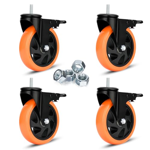 Heavy Duty Swivel Wheels 5 Inch PVC Casters with Stem 3/8''-16x1'' Dual Locking Industrial Caster Safety Wheels Load Bearing 1500 Lbs Castors Set of 4 for Cart, Furniture