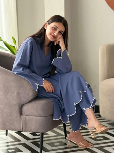 Image of ANNI Designer Women Viscose Embroidered Straight Kurta with Palazzo | V Neck Long Sleeve Kurta Set | Ethnic Kurta Palazzo Set for Women