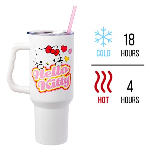 Image of Silver Buffalo Sanrio Hello Kitty Name and Hearts Double Walled Stainless Steel Tumbler with Handle and Straw, Fits in Standard Cup Holder, 40 Ounces