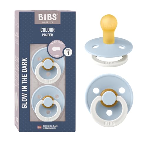 BIBS Colour Night Glow in the Dark Soother 2-Pack, BPA Free Dummy Pacifier, Round Nipple. Natural Rubber Latex, Made in Denmark, Size 1 (0-6 Months), Baby Blue Glow
