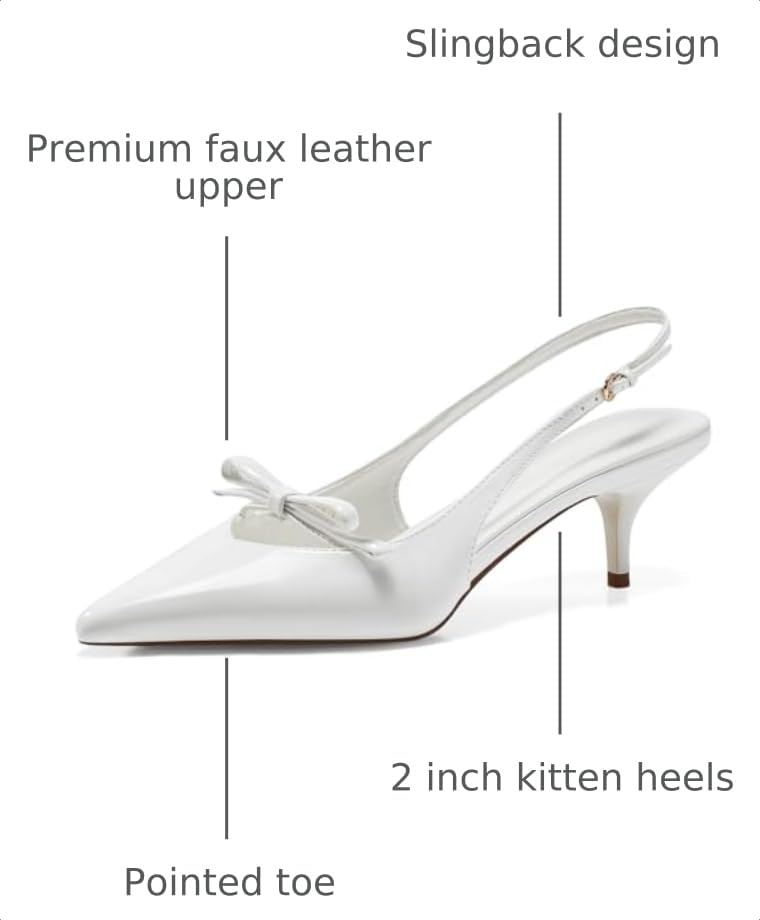 Image of Coutgo Womens Slingback Kitten Heels Bow Pointed Toe Wedding Dress Shoes | 2-Inch Low Heel Pumps, Comfort, Closed Toe, Adjustable Buckle Strap, Slip on, Party Prom